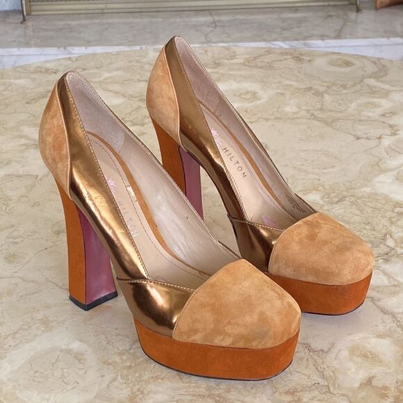 Paris Hilton Rebecca Camel Suede/Copper/Tan Leather Platform Pumps - Picture 1 of 13